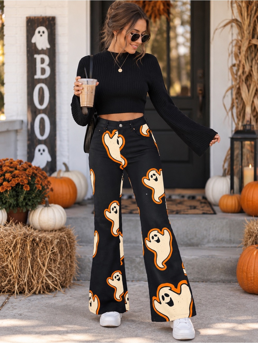 Halloween Ghost Print Flare Pants S Black Orange Spooky Retro Bell Bottoms